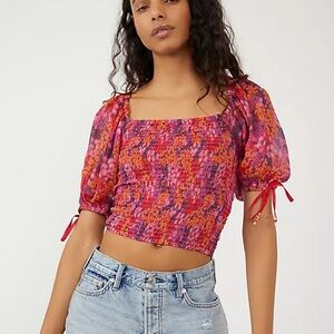 Free People Back On Top Smocked Ditsy Floral Print Puff Sleeve Crop Top